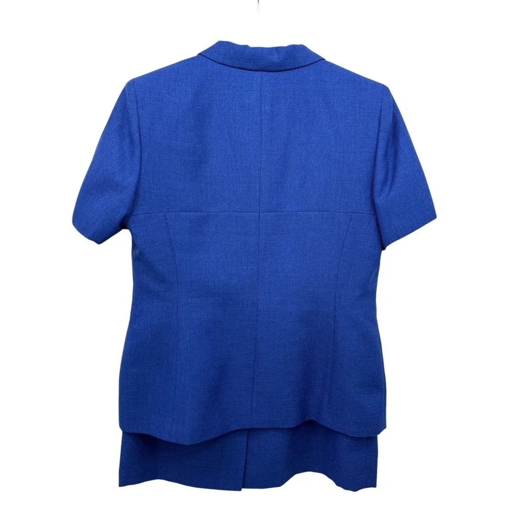 Le Suit Petite 14P Blue 2‎ Pc Skirt Suit Set Career Office Lined Short Sleeve